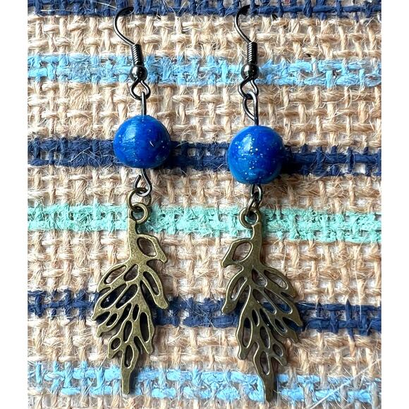 Handmade Brass Leaf Earrings with Blue Clay Bead – Artisan Dangle – 2.5" Drop - Picture 2 of 3
